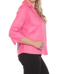 Joseph Ribkoff Collared V-neck 3/4 Sleeve Linen Top in bubble gum - women's blouse - alternate view