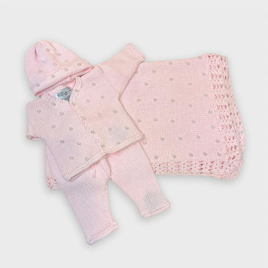 Gita - Girl's 2pc Pink Cotton Sweater With Pearls & Hat