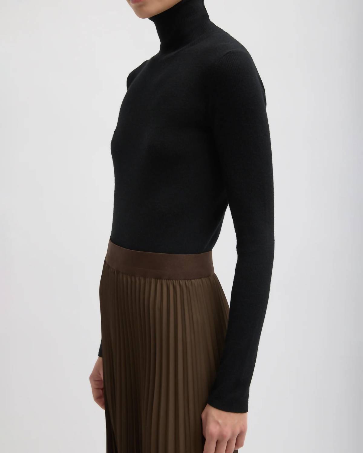 Tibi Featherweight Ribbed Turtleneck Top in black - women's sweater - detail view