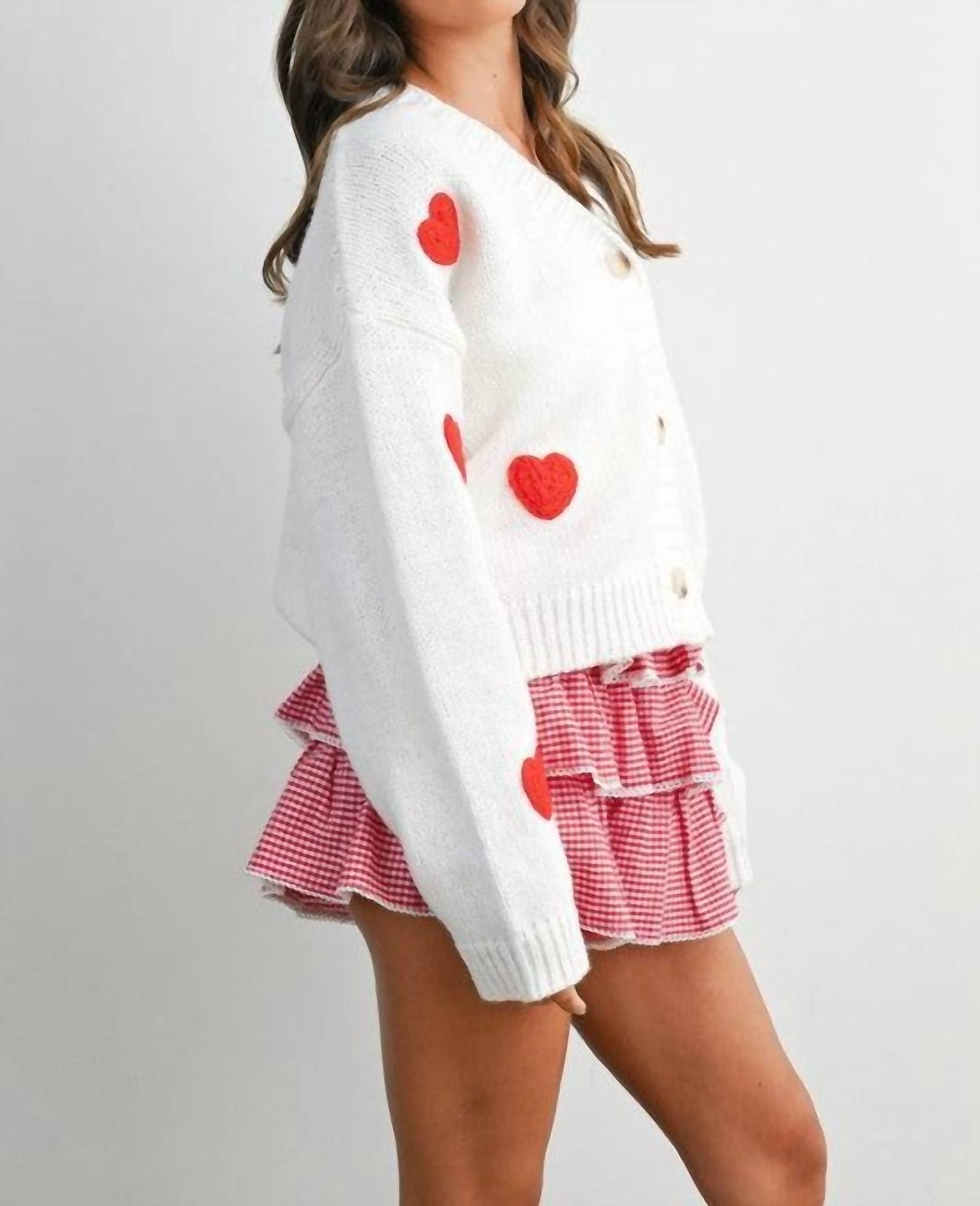 Buttermelon Heart Pattern Cropped V-Neck Cardigan in white - women's cardigan - view 4
