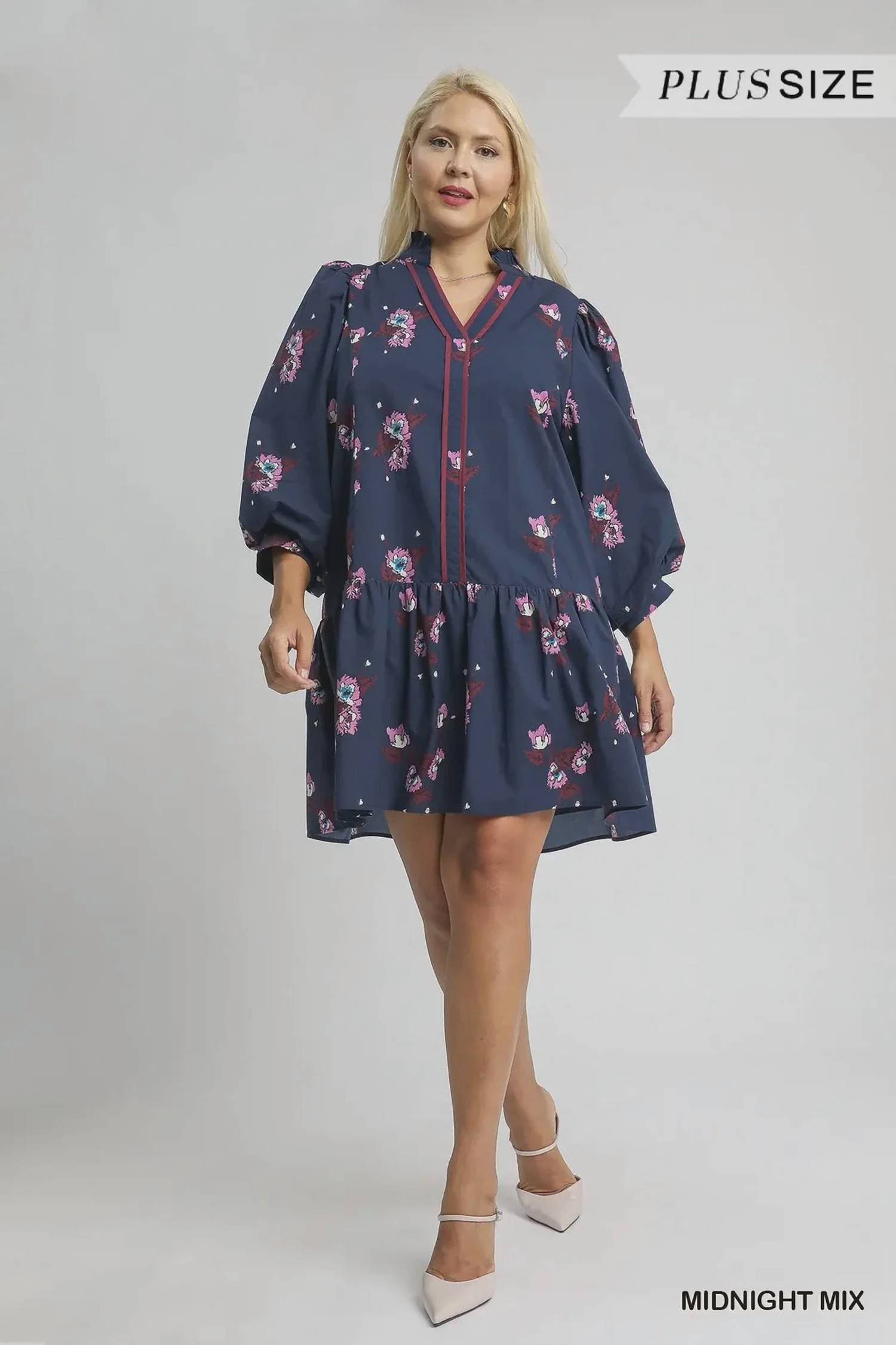 Umgee - Floral Mini Dress With Puff Sleeves