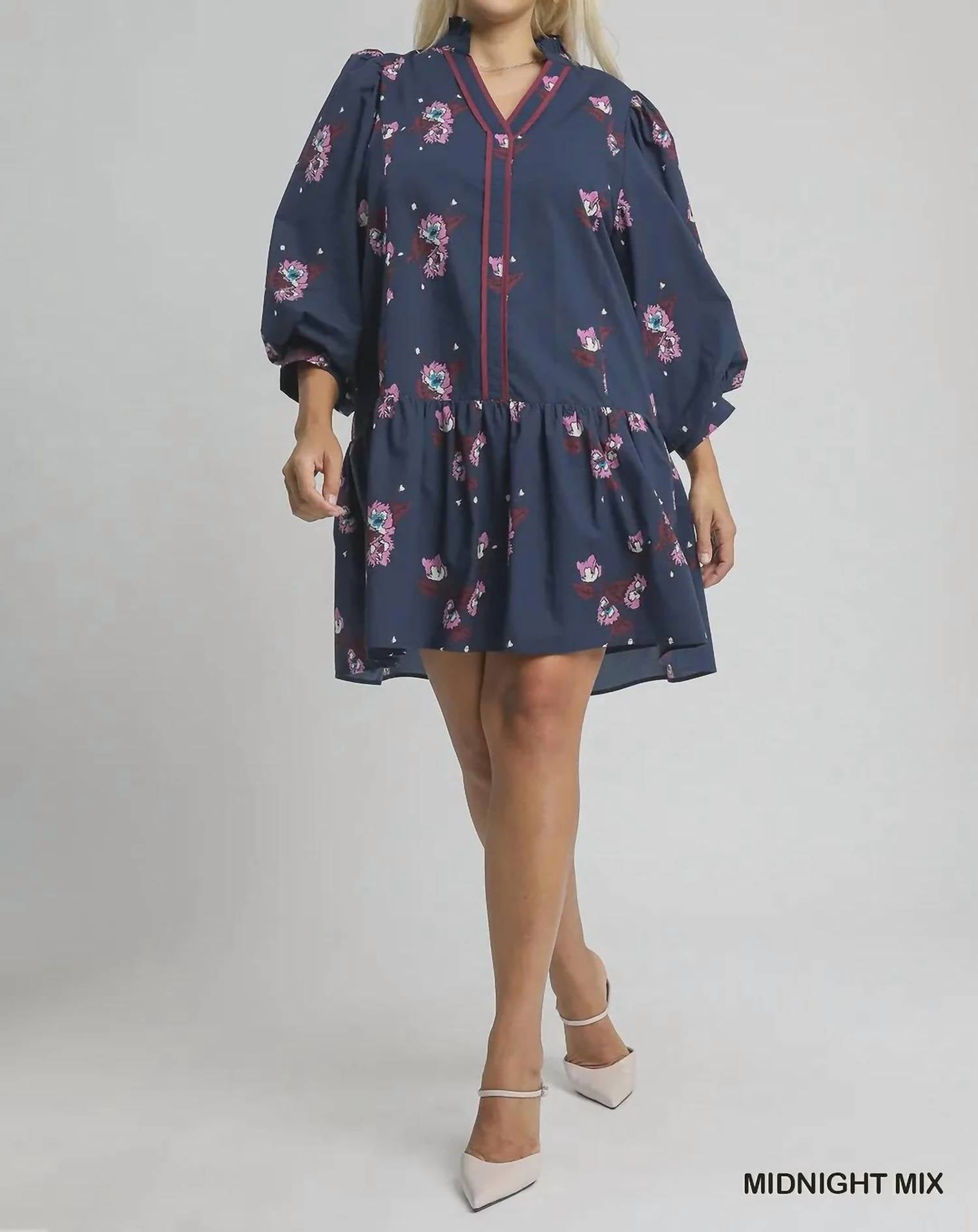 Umgee - Floral Mini Dress With Puff Sleeves