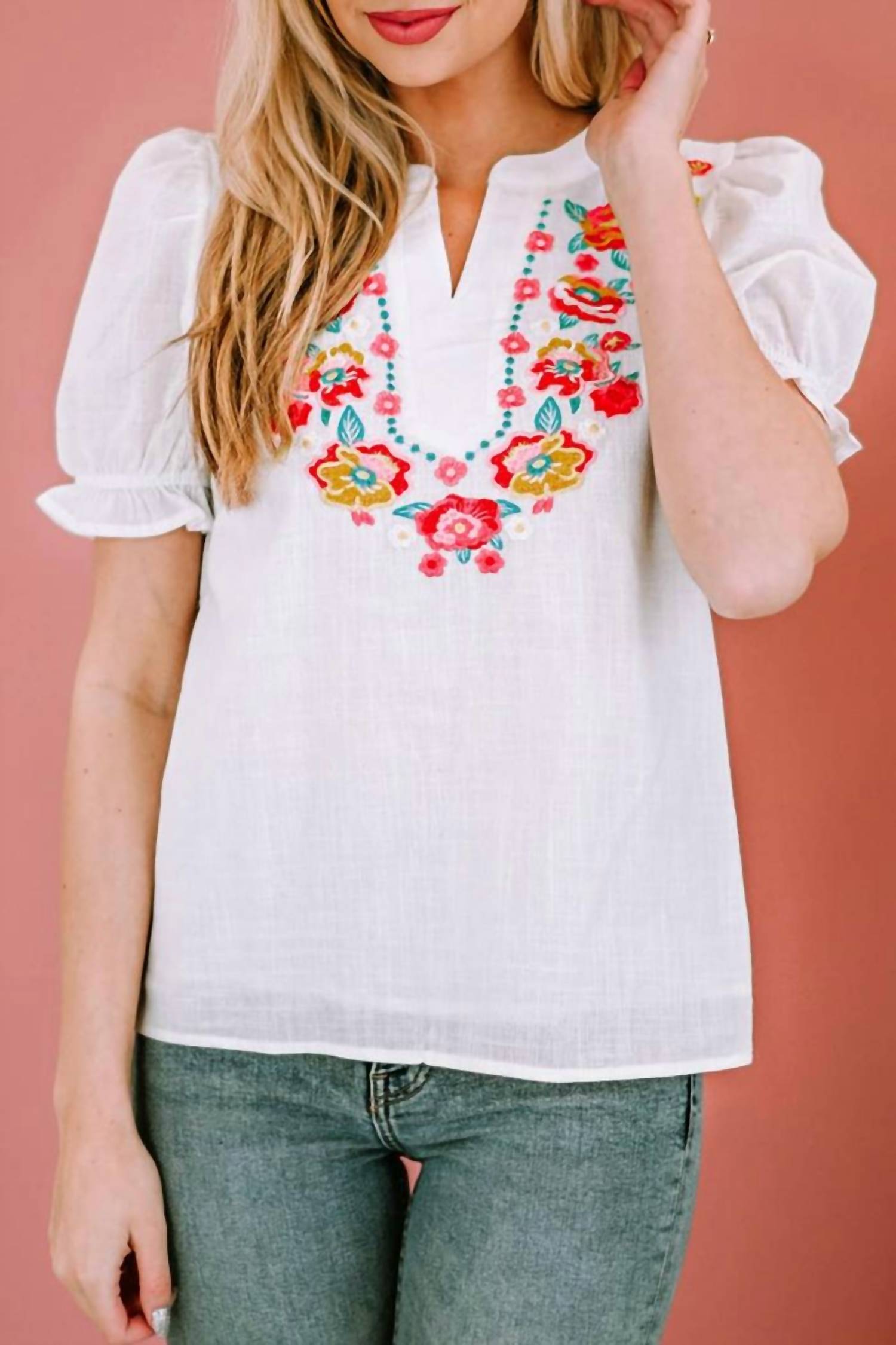 Shiying Fashion - Floral Embroidered Ruffled Puff Sleeve