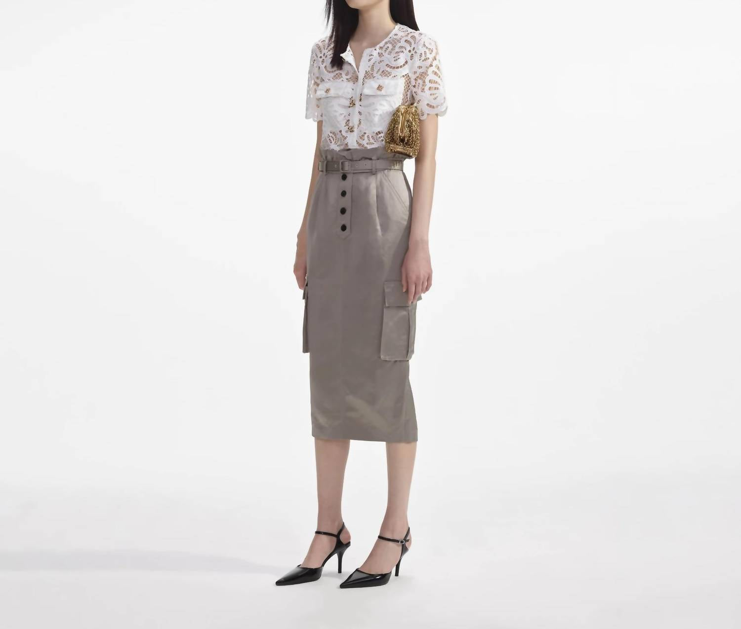 Self-Portrait - Satin Cargo Midi Skirt