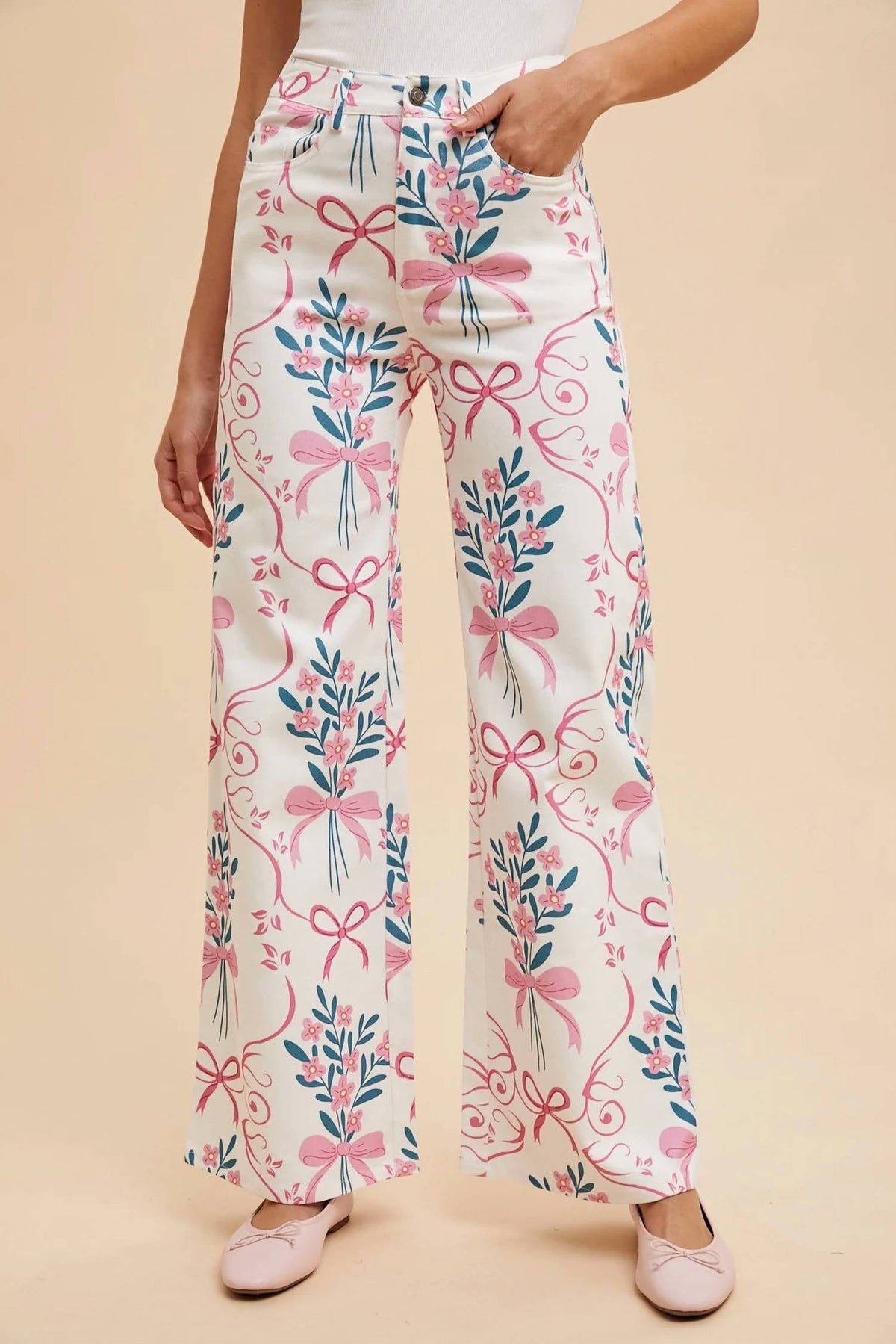 Anniewear - Floral & Bow Wide Leg Jeans