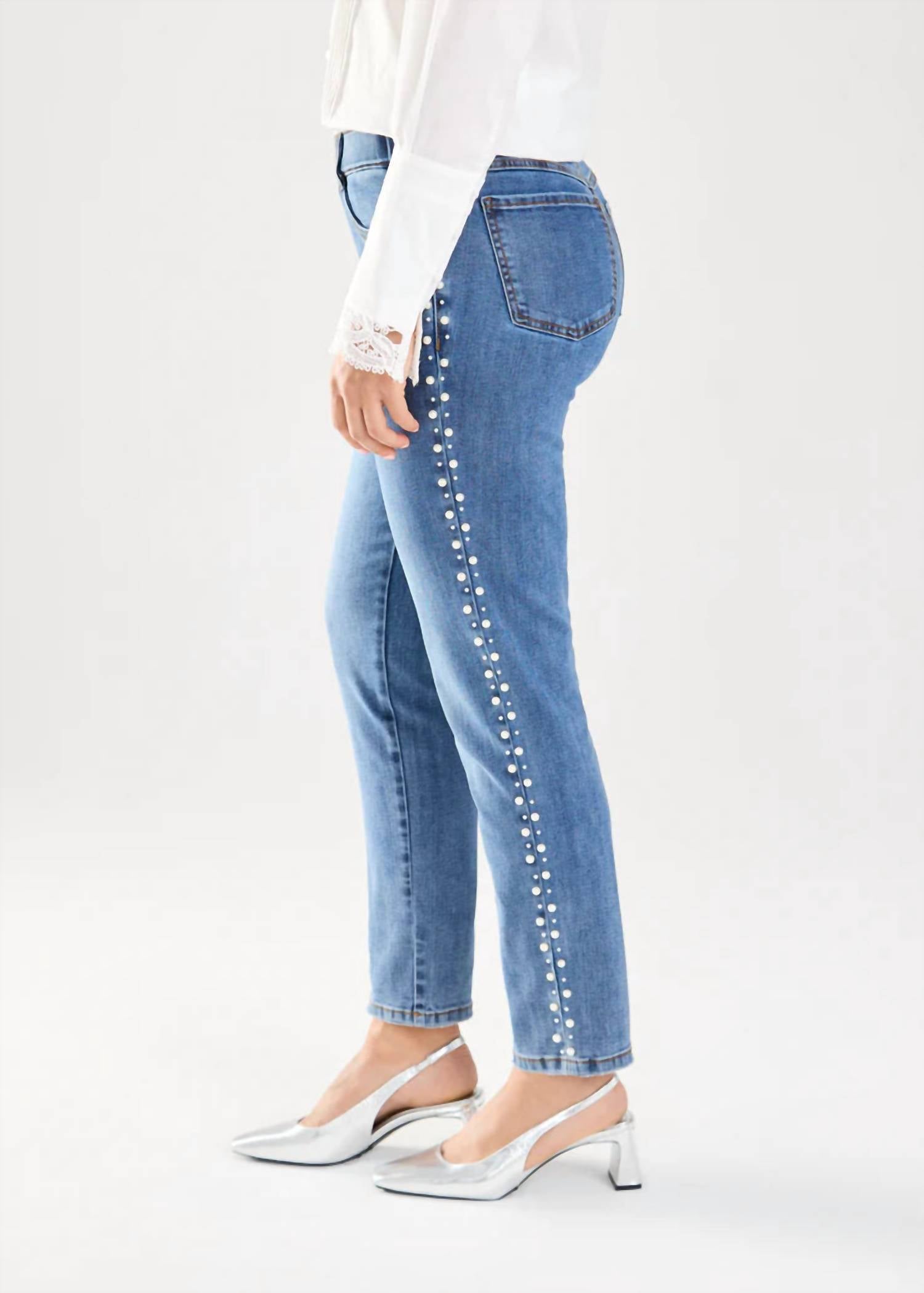 FDJ Phyllis Pull-on Pencil Ankle Denim With Pearl Embellishments Jeans in indigo - women's jeans - detail view