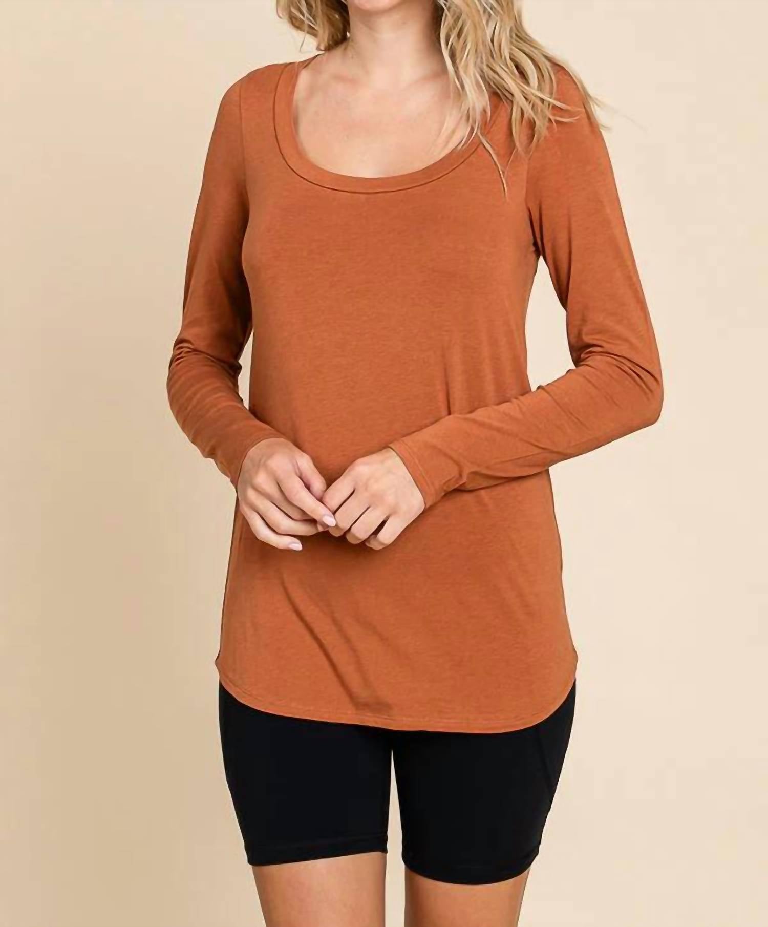 Culture Code Scoop Neck Longsleeve Fitted Top in mocha bisque - women's long sleeve top