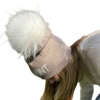 linda richards Vermont Pom Top Beanie in taupe in taupe - women's hat - detail view