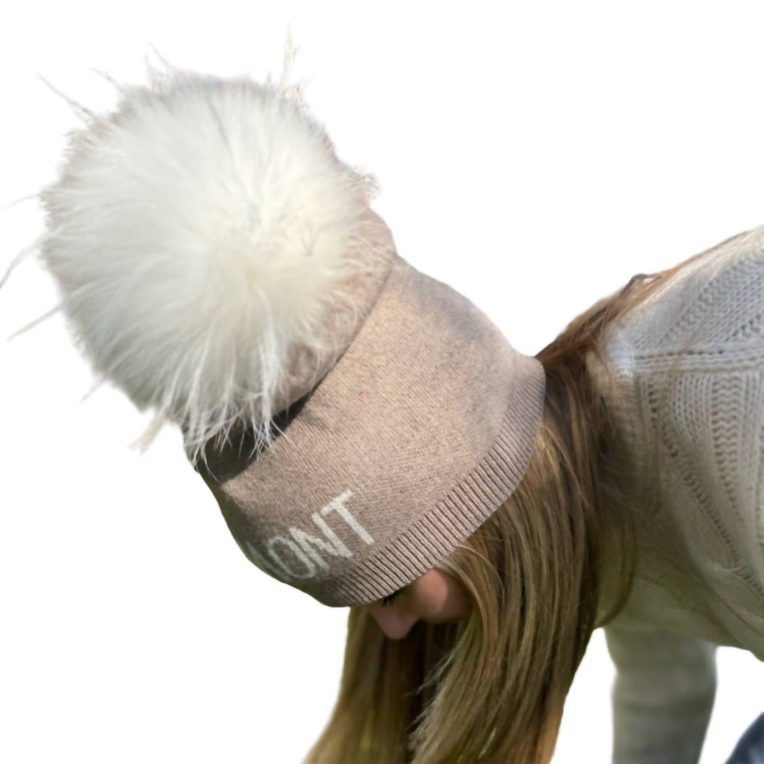 linda richards Vermont Pom Top Beanie in taupe in taupe - women's hat - detail view