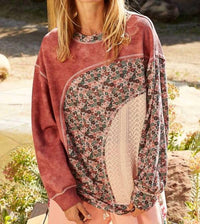 Pol - Mazy Oversize Long Sleeve Floral Contrast Thermal Top