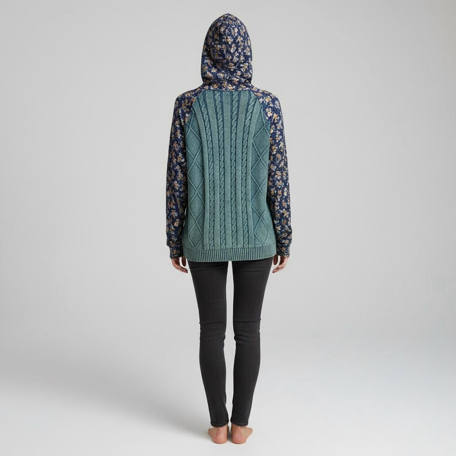 Pol - Embroidered Cable Knit Floral Hoodie Cardigan
