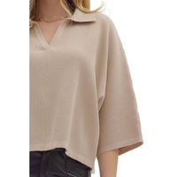 entro Solid 3/4 Sleeve V Neck Collar Knit Top in stone - women's sweater - view 5