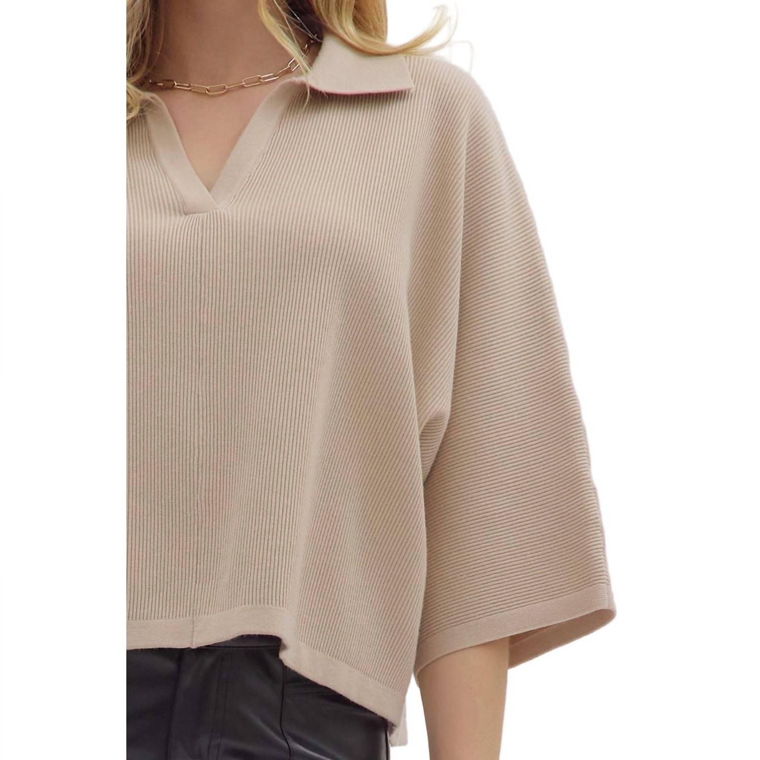 entro Solid 3/4 Sleeve V Neck Collar Knit Top in stone - women's sweater - view 5