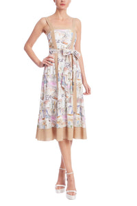 Badgley Mischka - Watercolor Cityscape Bow Tie Waist Midi Dress