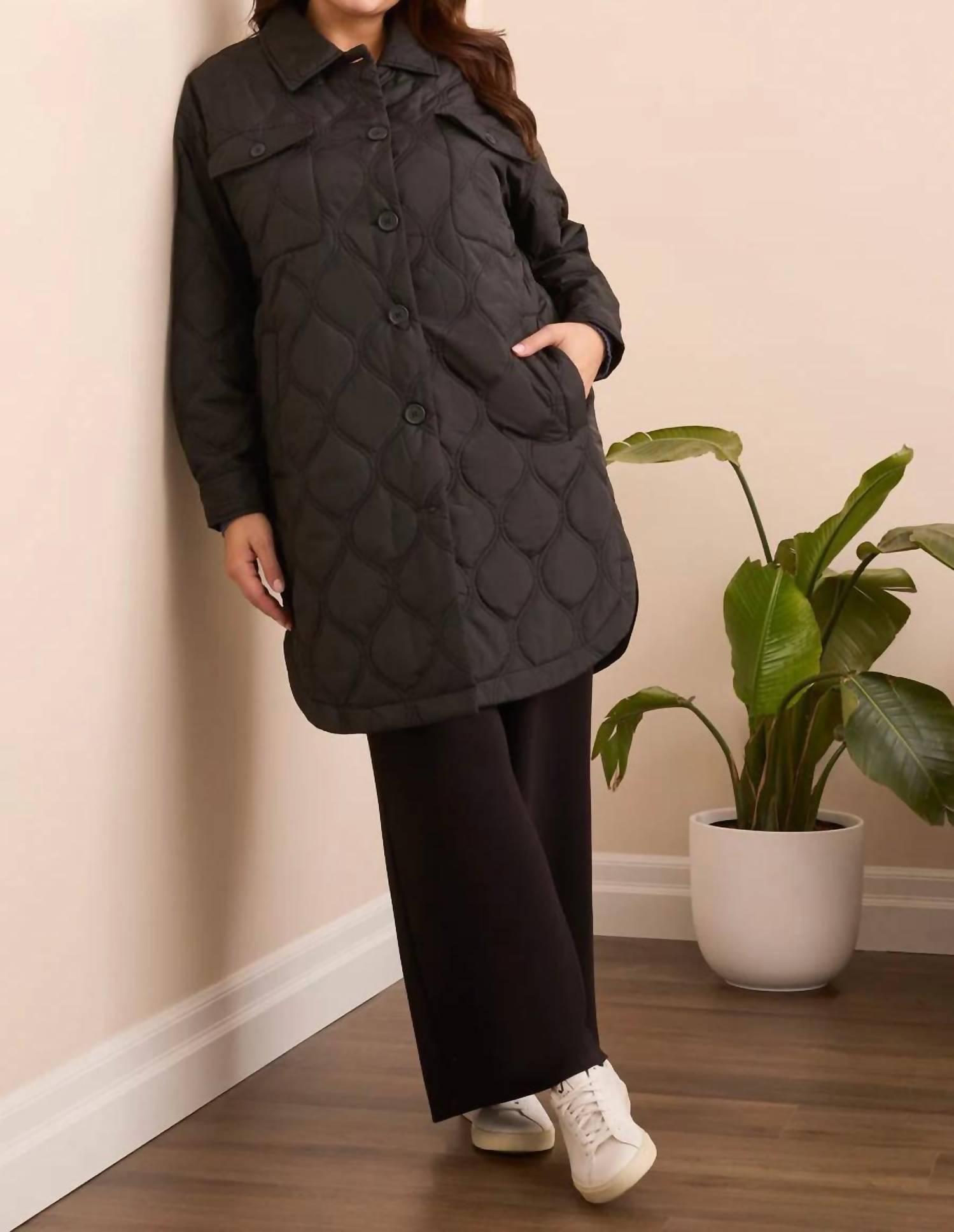 Tribal - Long Quilted Button-up Jacket With Pockets