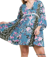 Umgee - Multi Floral Bell Sleeve Mini Dress