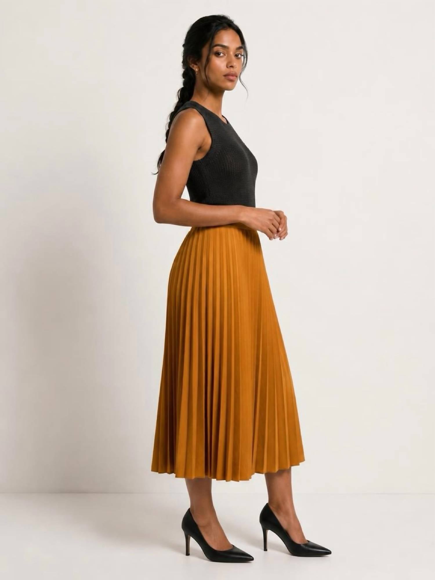 Wd.Ny - Faux Leather Pleated Midi Skirt