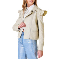 Fore Collection Pleather Ruffle Moto Jacket in beige - women's jacket - alternate view