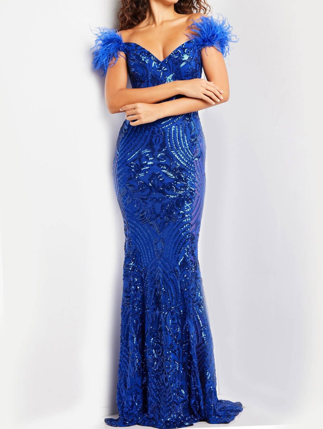 JOVANI Sequin Off The Shoulder Dress in royal - women's dress - detail view
