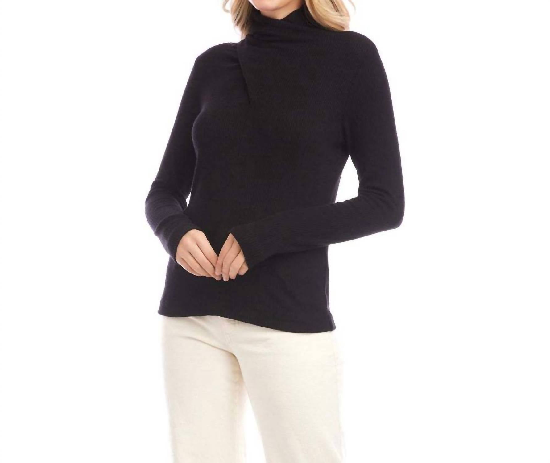 Karen Kane Rib Faux Wrap Top in black - women's sweater - detail view