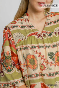 Umgee - Border Print Split Neck Top With Puff Sleeves - Plus