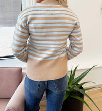 Strut & Bolt Texture Striped Contrast Sweater in taupe sky blue - women's sweater - detail view