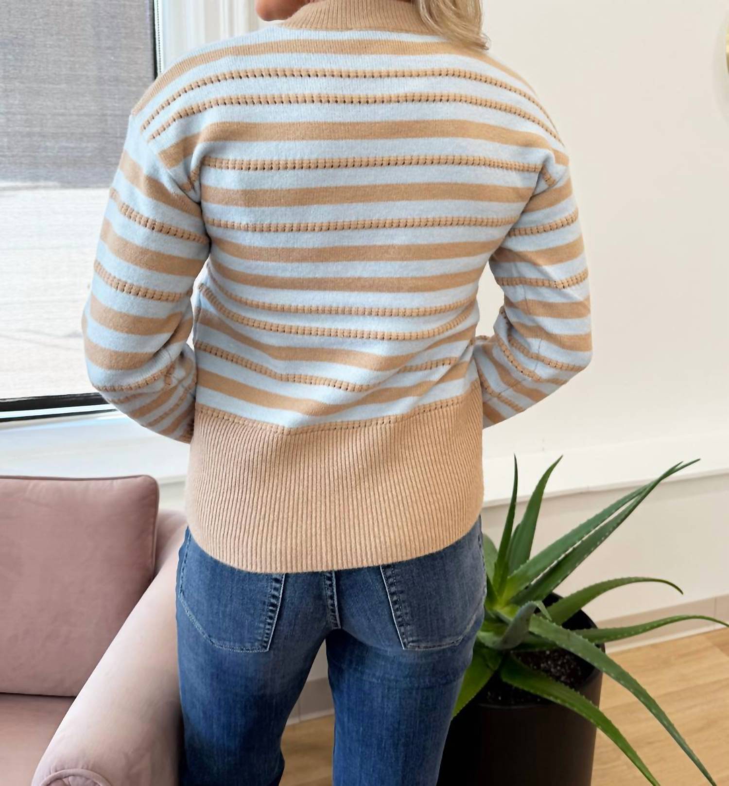 Strut & Bolt Texture Striped Contrast Sweater in taupe sky blue - women's sweater - detail view