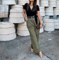 GILLI Wide Twill Slacks Trouser Pant in olive army green - women's pants - detail view