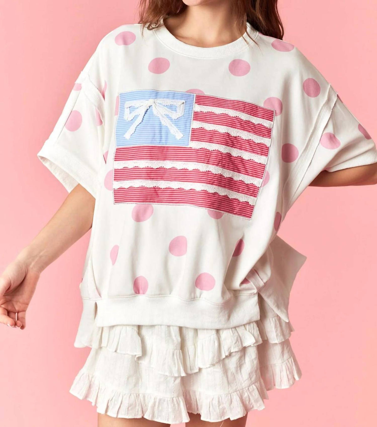 Peach Love - Oversized Bow Flag Polka Dot Tee