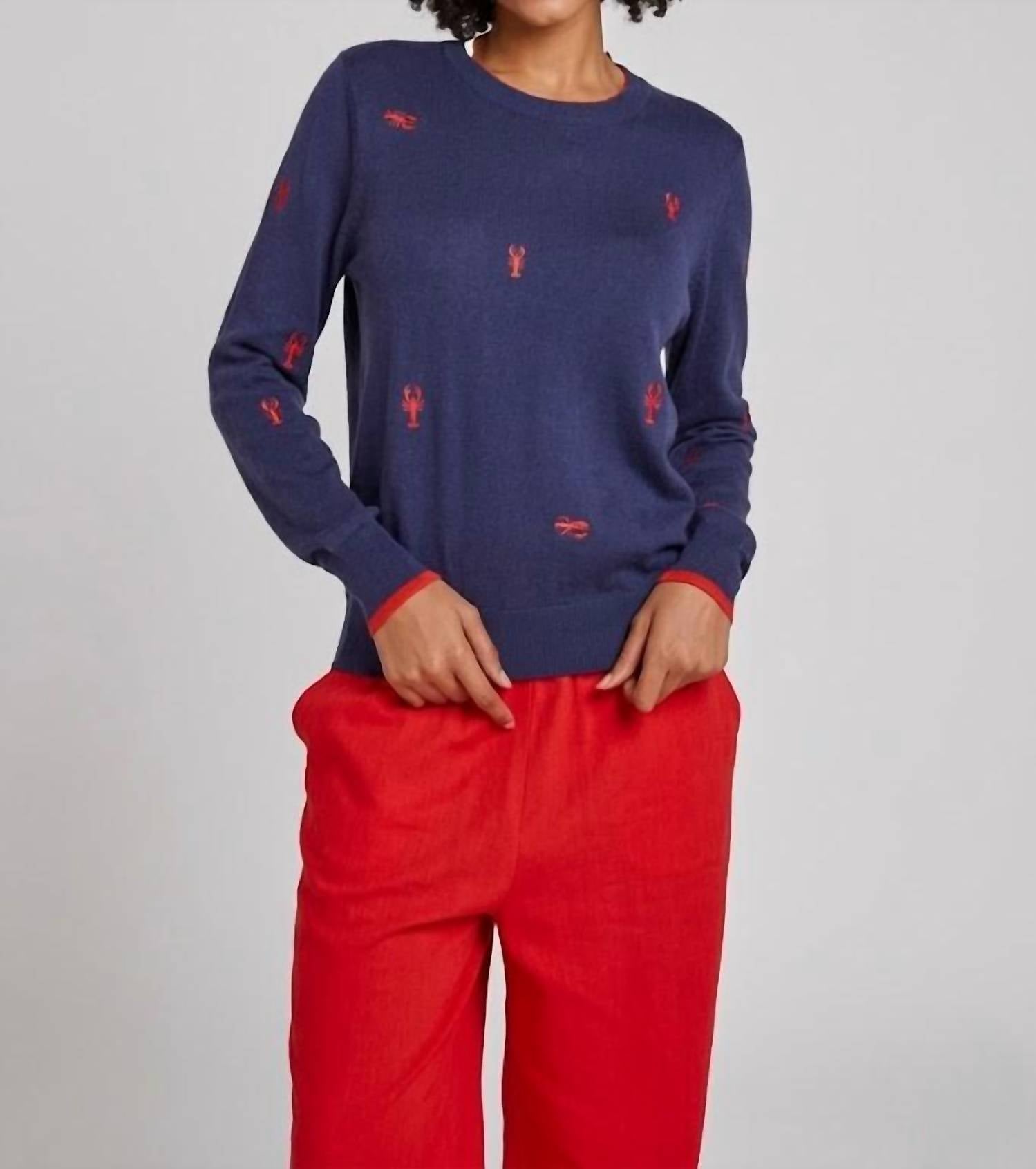 Brodie Cashmere - Lobster Embroidered Crew Sweater