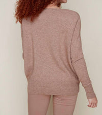 Renuar Knit V-Neck Sweater in heather tan - women's sweater - alternate view