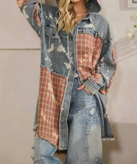 Oli & Hali - Bleached Plaid Long Shacket With Hoodie