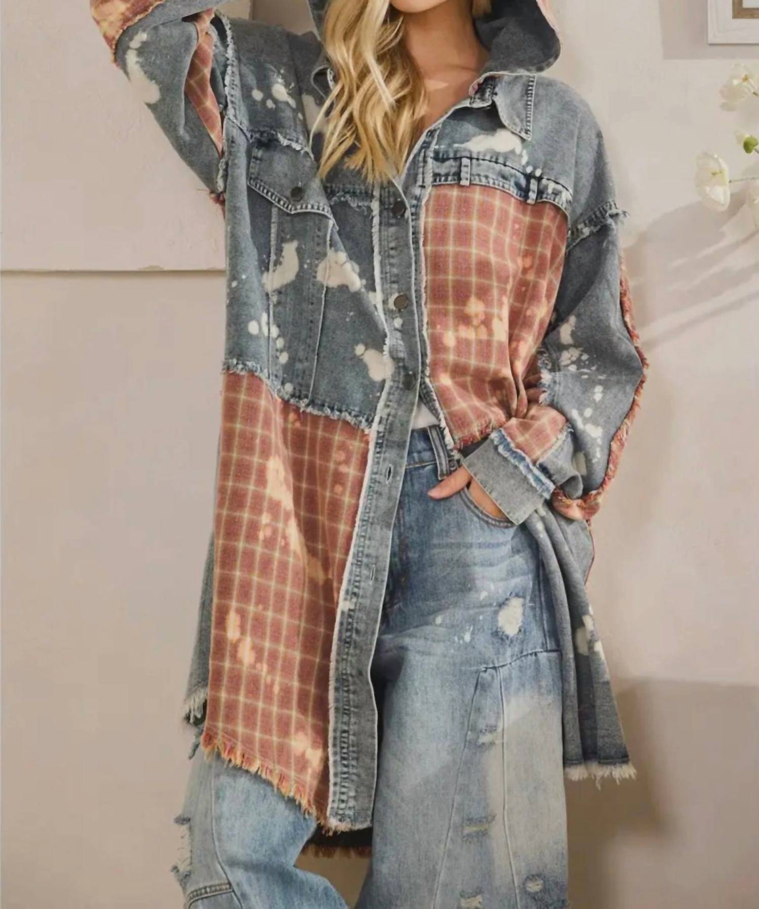 Oli & Hali - Bleached Plaid Long Shacket With Hoodie