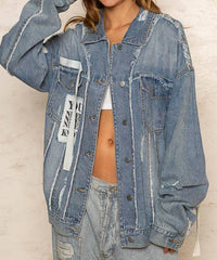 POL Remma Oversize Patch Detail Frayed Edge Jacket in light denim - women's jacket - view 4