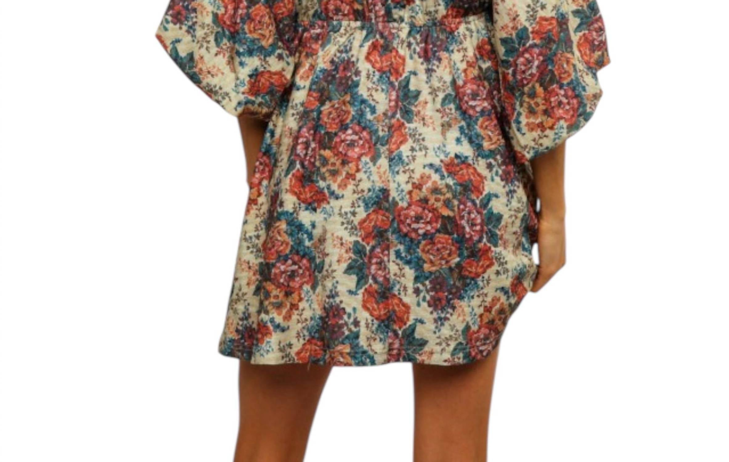 KORI Autumn Bloom Babydoll Mini Dress in antique rust - women's dress - detail view