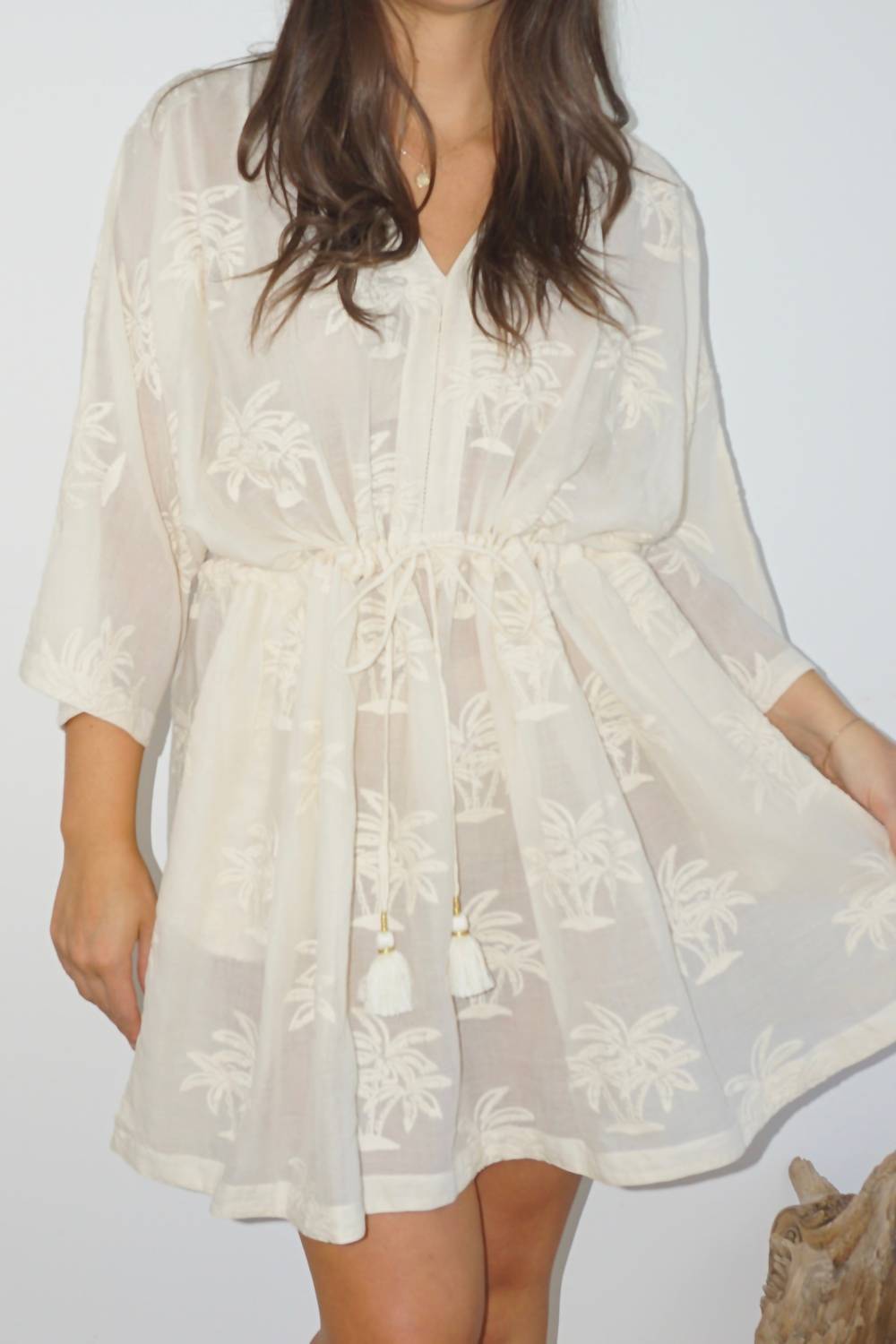NIBI MTK Savannah Kaftan in cream palm embroidery - women's dress - detail view