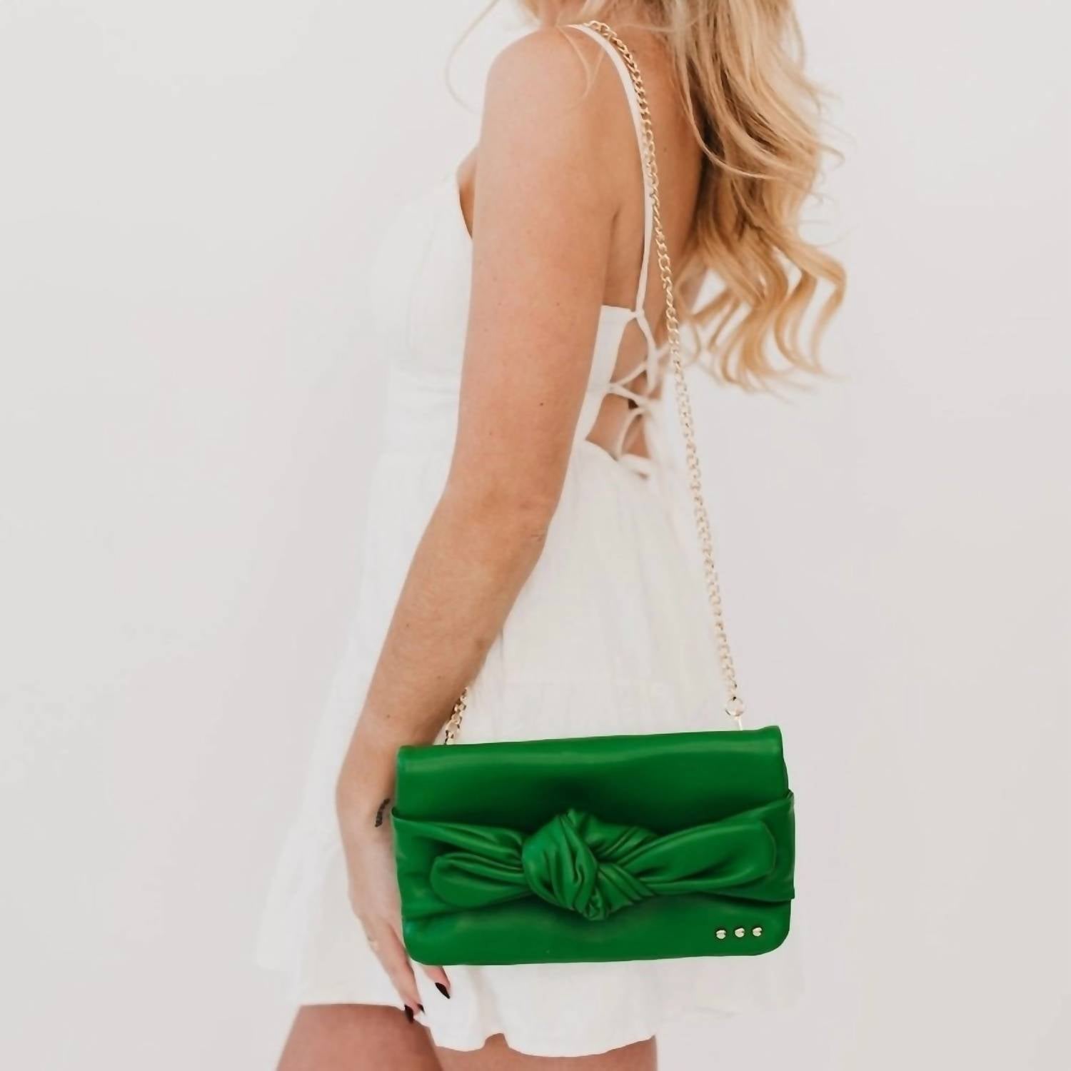 Pretty Simple Women's Billie Bow Convertible Clutch Crossbody Bag in emerald green - women's bag - detail view