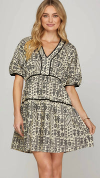 She + Sky - Puff Sleeve Piping Contrast Printed Poplin Dress