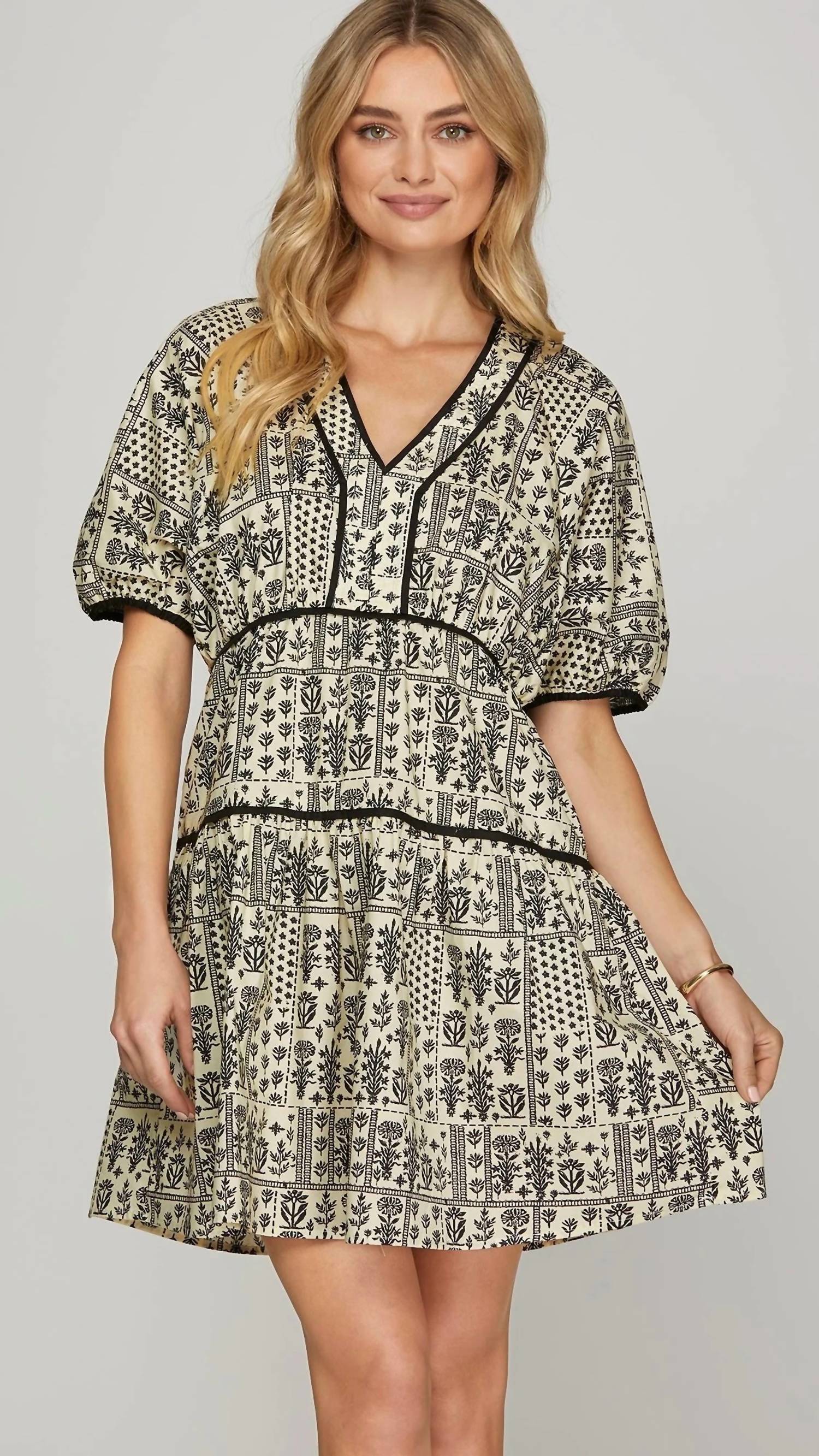 She + Sky - Puff Sleeve Piping Contrast Printed Poplin Dress