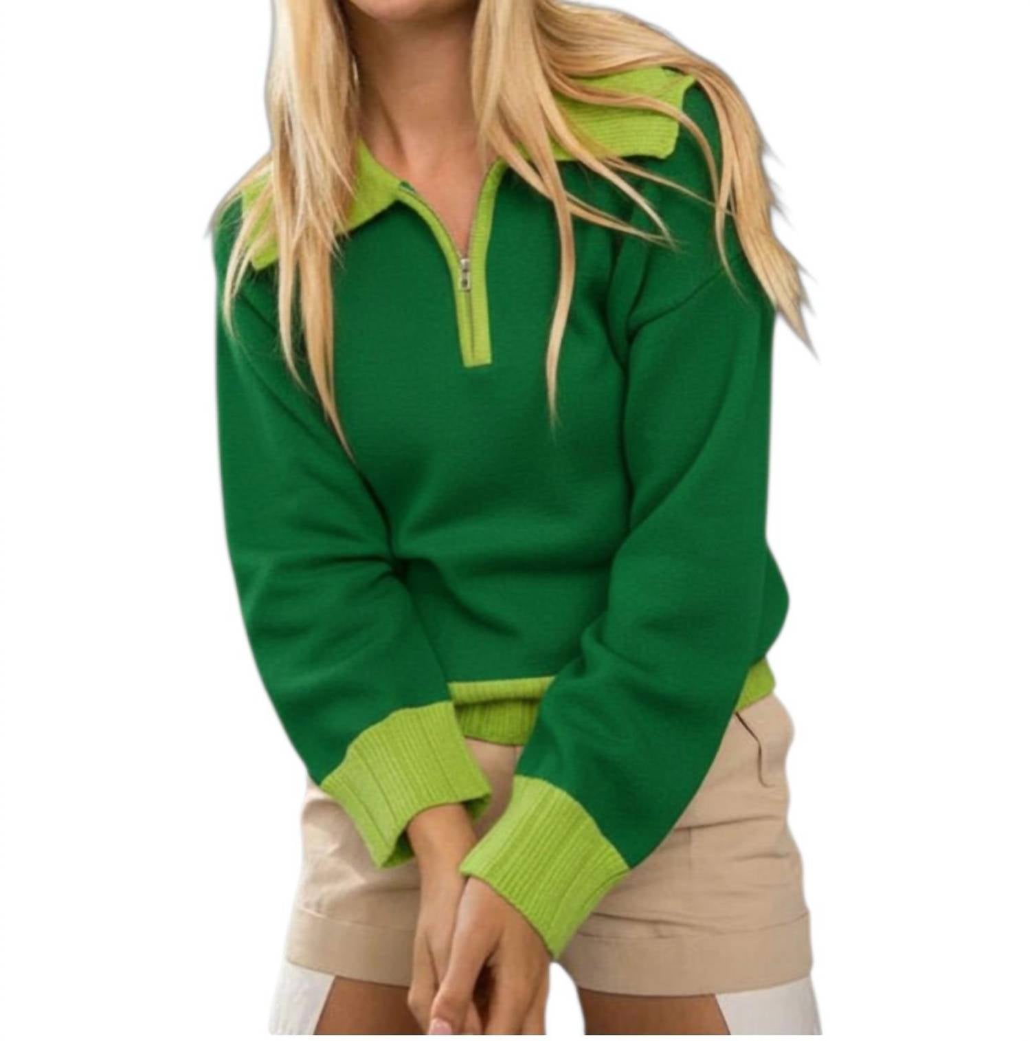 PAPERMOON Jessi Zipper Front Big Collar Sweater in green - women's sweater