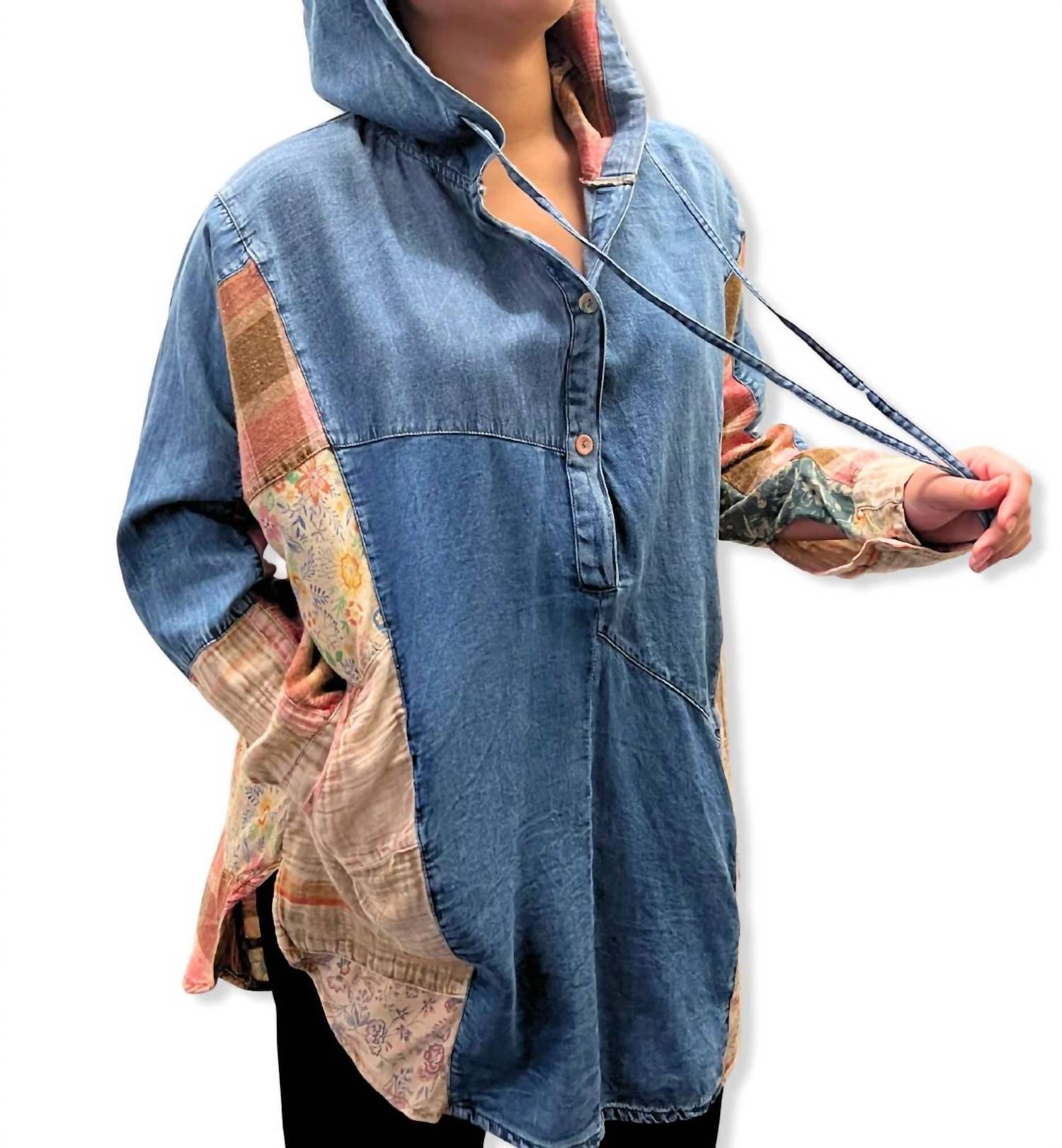 Young Threads - Hooded High Low Patchwork Top
