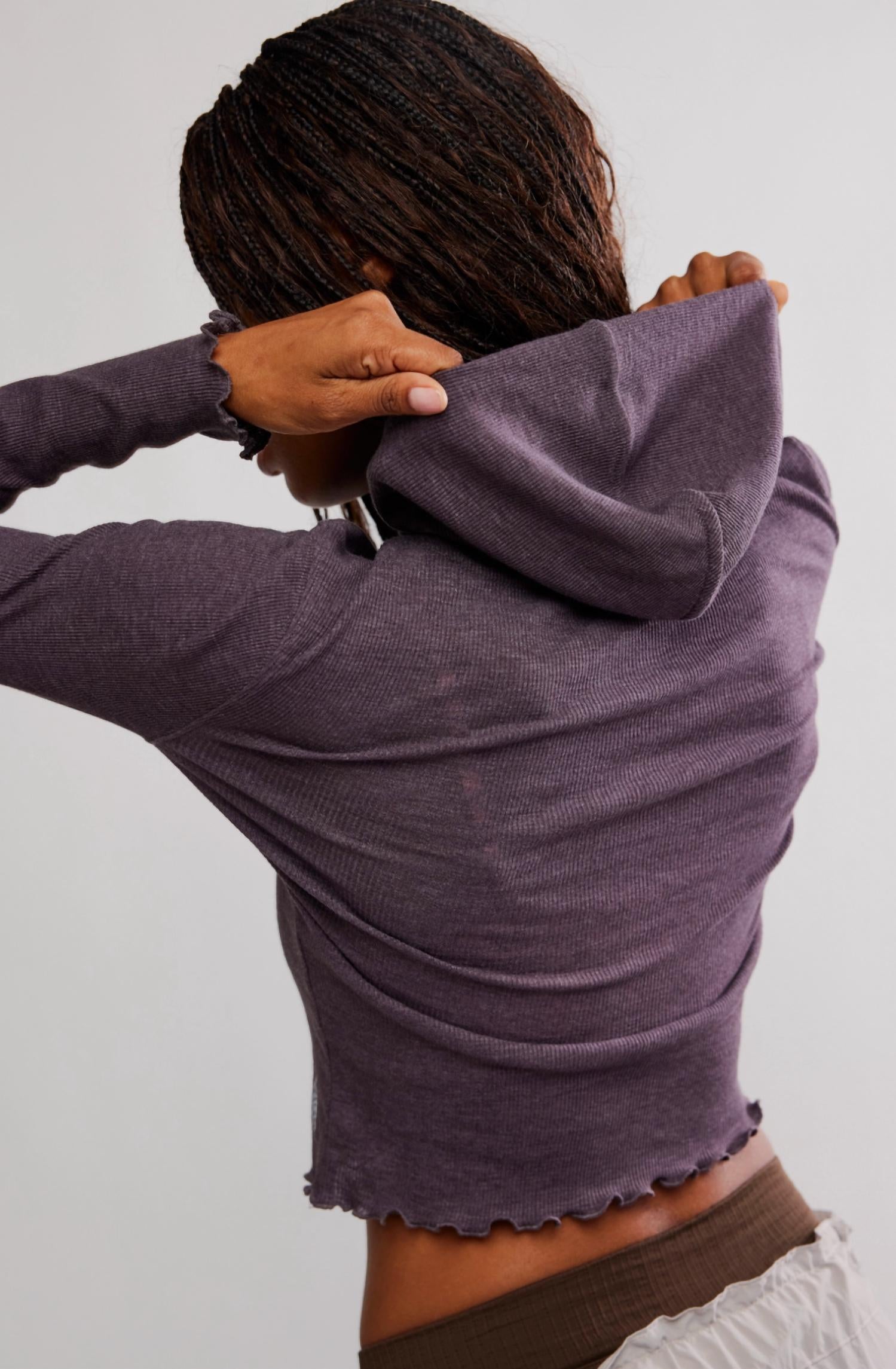 Free People Matilda Ribbed Hooded Top in grey - women's top - detail view
