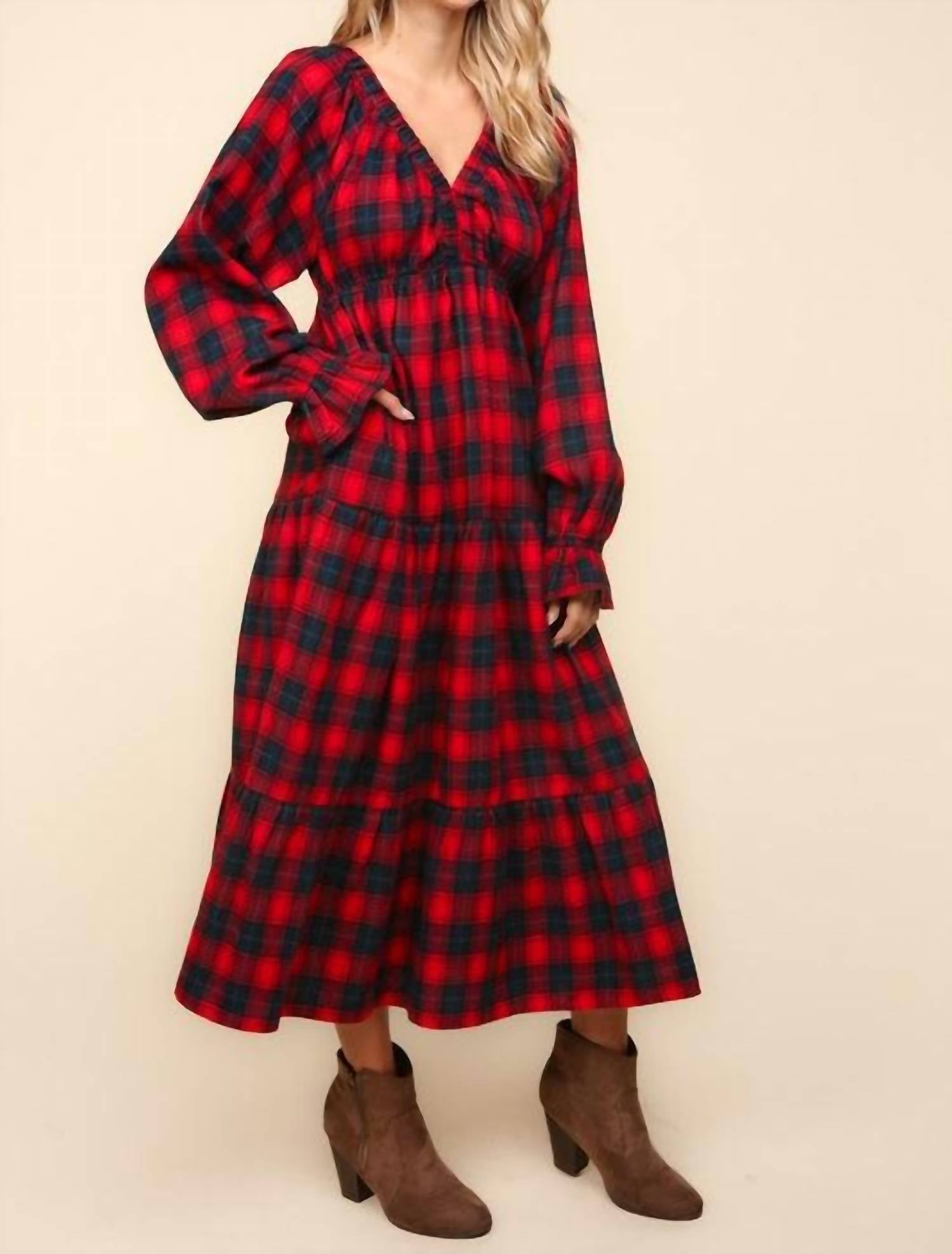 Haptics - Plaid V Neck Tiered Dress