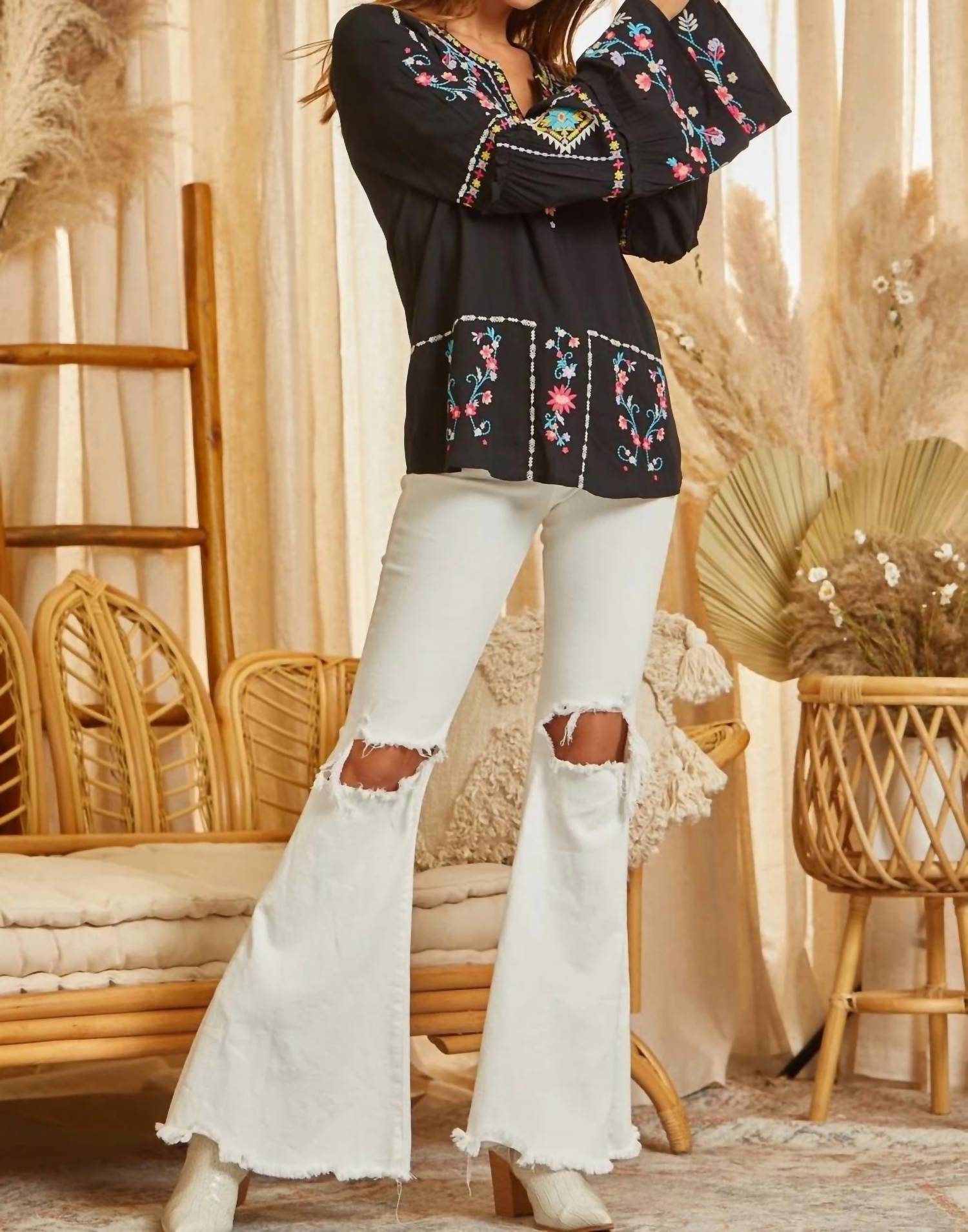 Andree By Unit - Embroidered Bell Sleeve Blouse