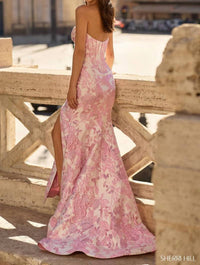 Sherri Hill strapless mermaid brocade gown in ivory pink - women's dress - detail view