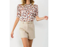 THML Ruched Sleeve Print Top in cream - women's shirt - alternate view