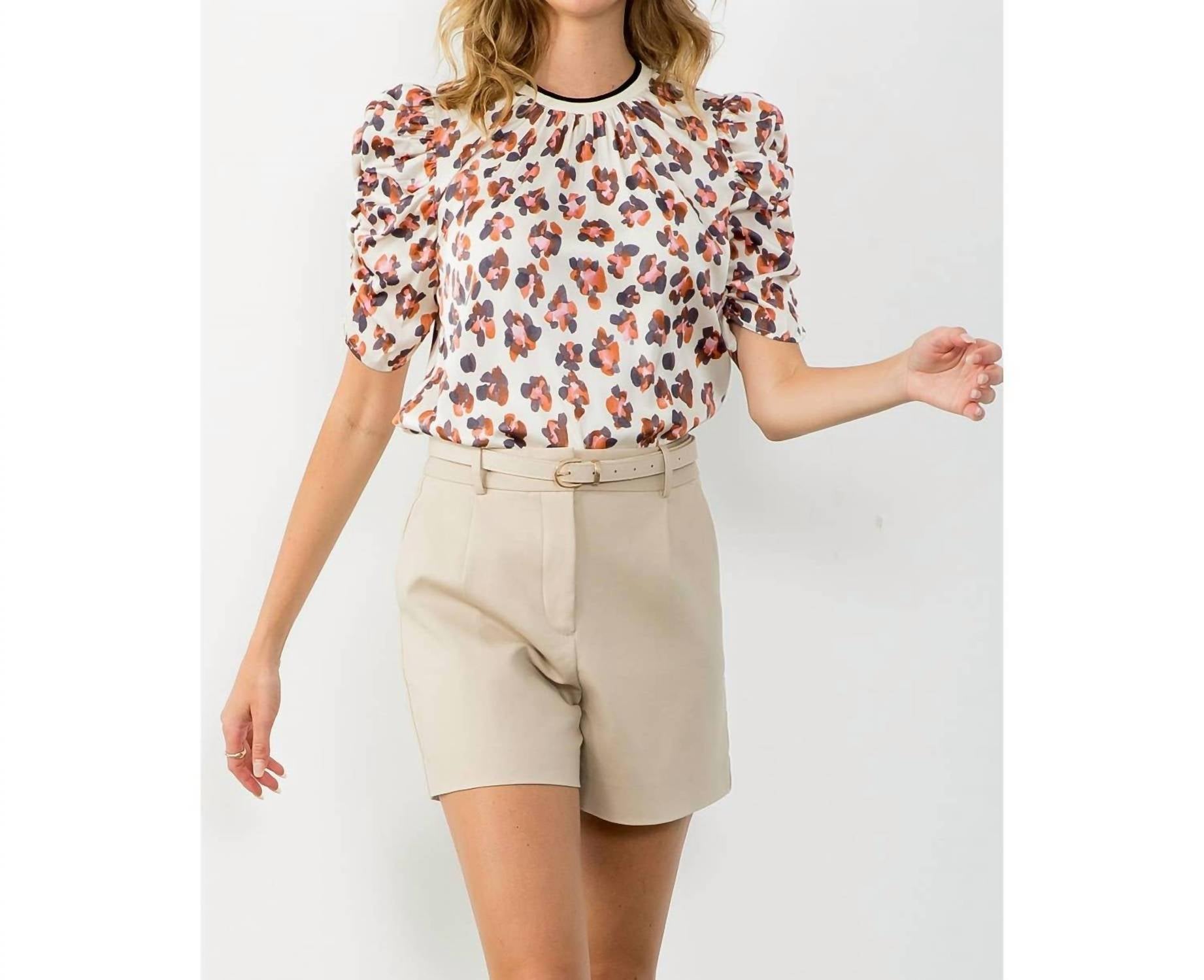 THML Ruched Sleeve Print Top in cream - women's shirt - alternate view