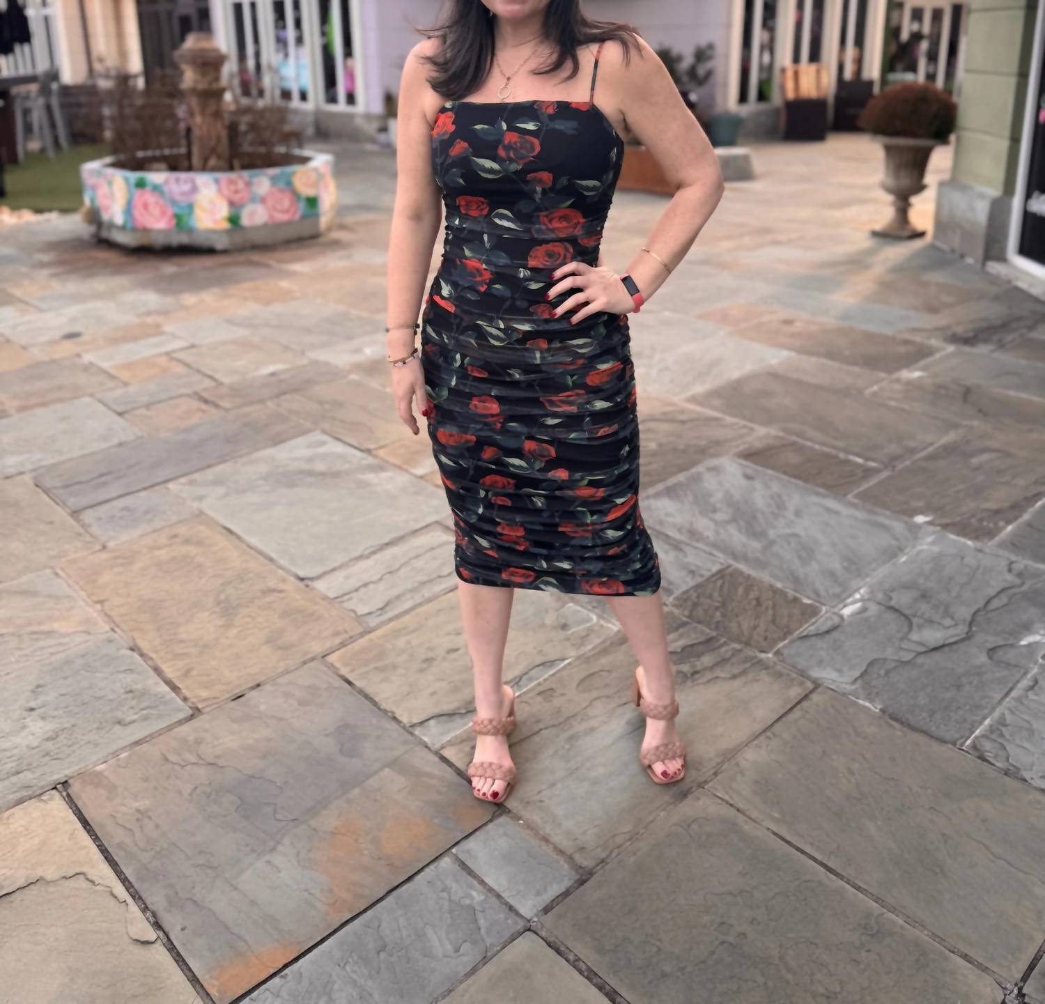 La Miel - Mesh Floral With Ruching & Zip Back Midi Dress