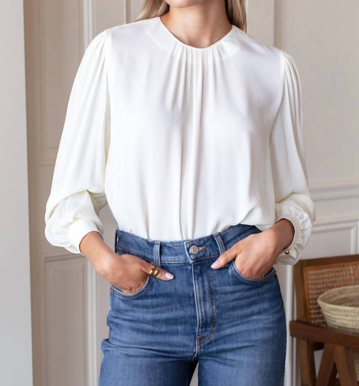 EMERSON FRY Gathered Neckline Blouse in star white - women's blouse - detail view