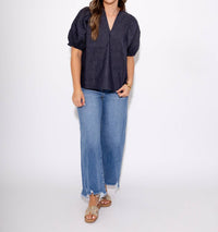 THML Split Neck Suede Ruffle Denim Top in navy - women's blouse - view 5